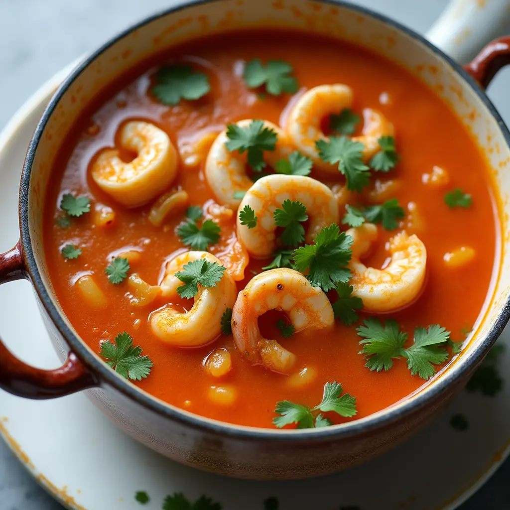 Sopa de mariscos española fácil servida en un tazón, con camarones, calamares y mejillones en un caldo sabroso.