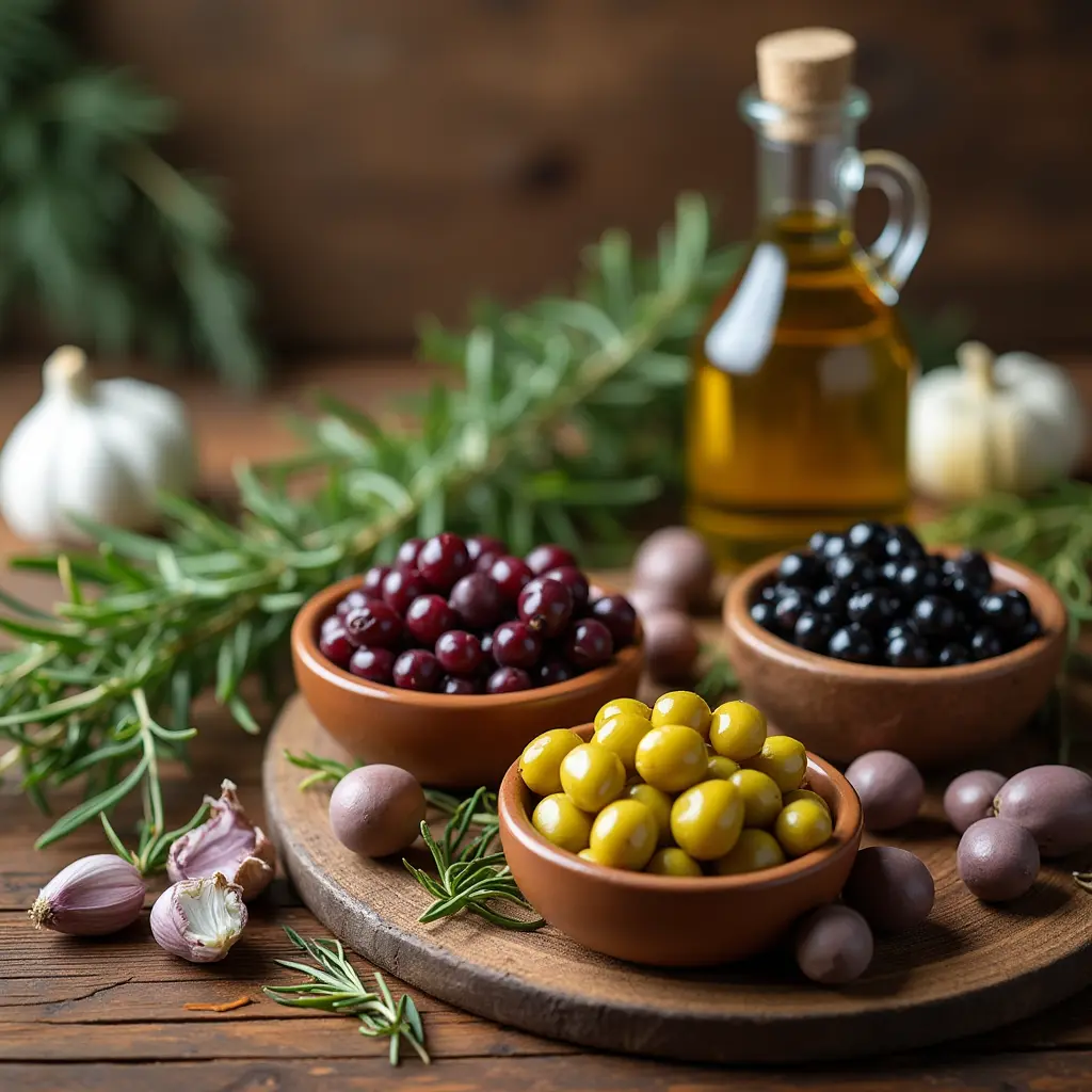 Preparación de aceitunas aliñadas con ingredientes frescos como ajo, romero y aceite de oliva, siguiendo una receta tradicional de la abuela.