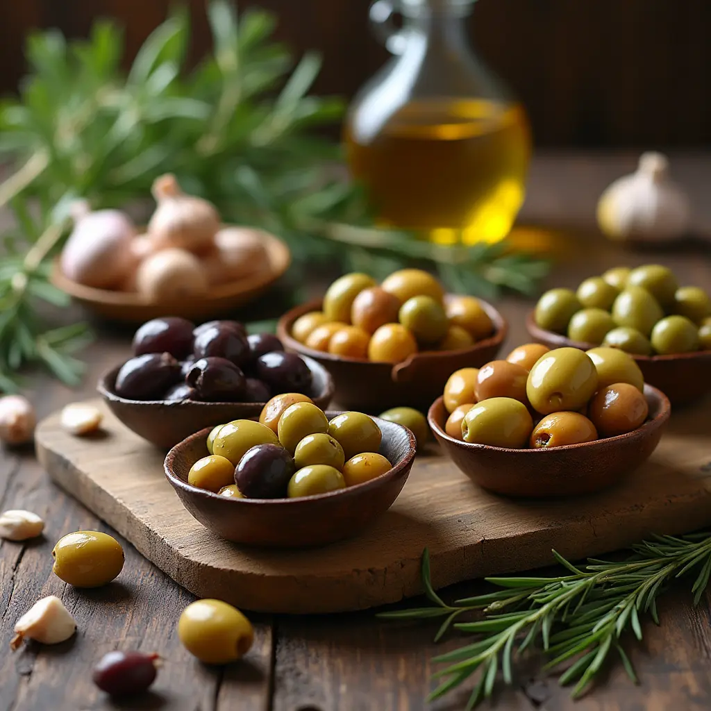 Aceitunas aliñadas tradicionalmente con ajo, romero y aceite de oliva, preparadas con cariño siguiendo una receta de abuela.