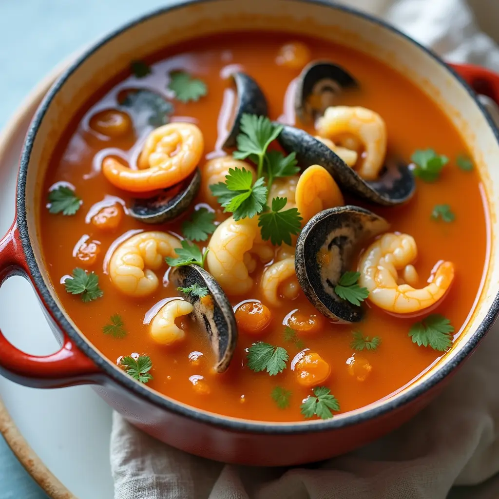 Sopa de mariscos española fácil con caldo colorido y mariscos frescos como camarones, mejillones y calamares.