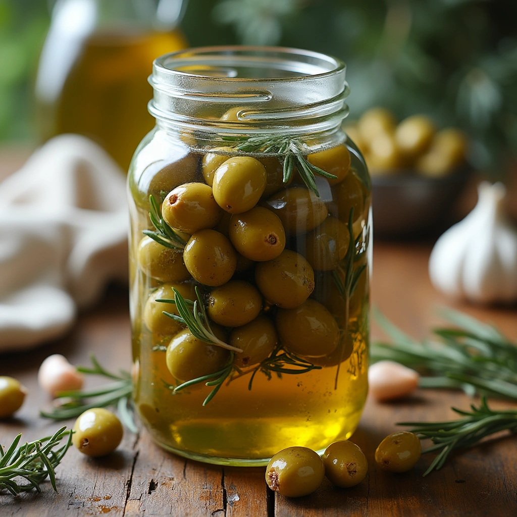 Aceitunas en aliño caseras con ajo, romero y aceite de oliva en frasco