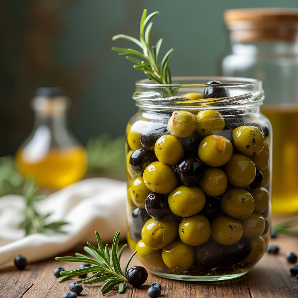 Aceitunas aliñadas caseras con especias, ajo y romero en frasco de vidrio