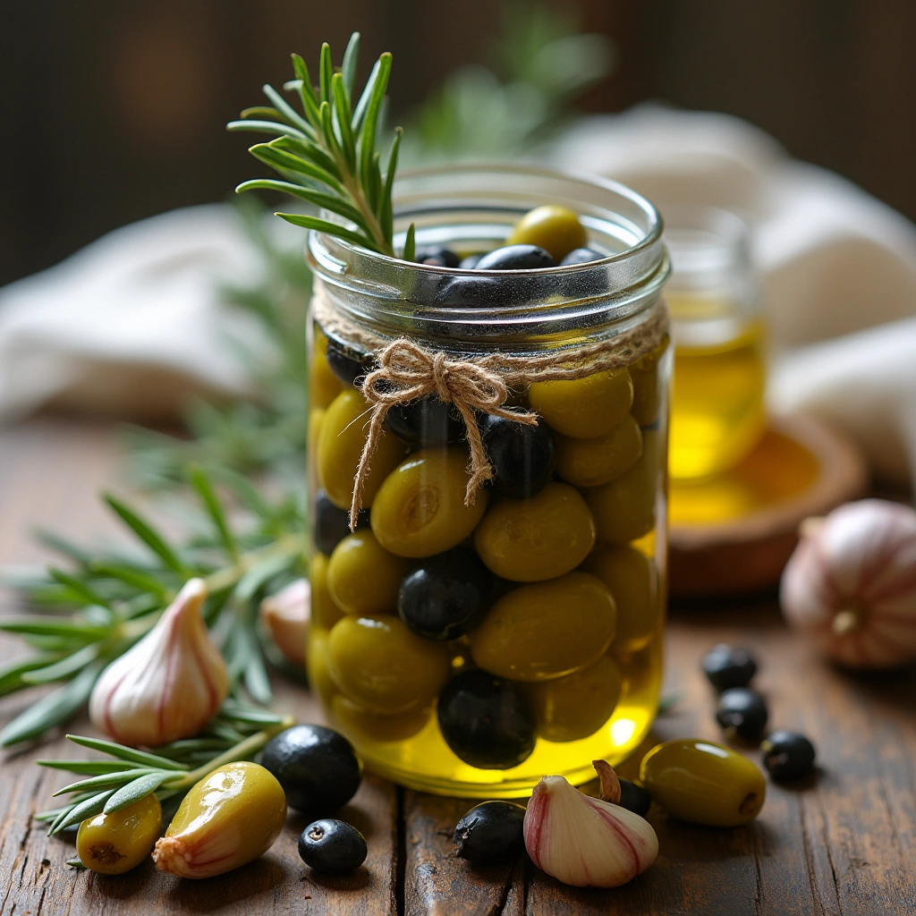 Frasco con aceitunas en aliño caseras, ajo, romero y aceite de oliva