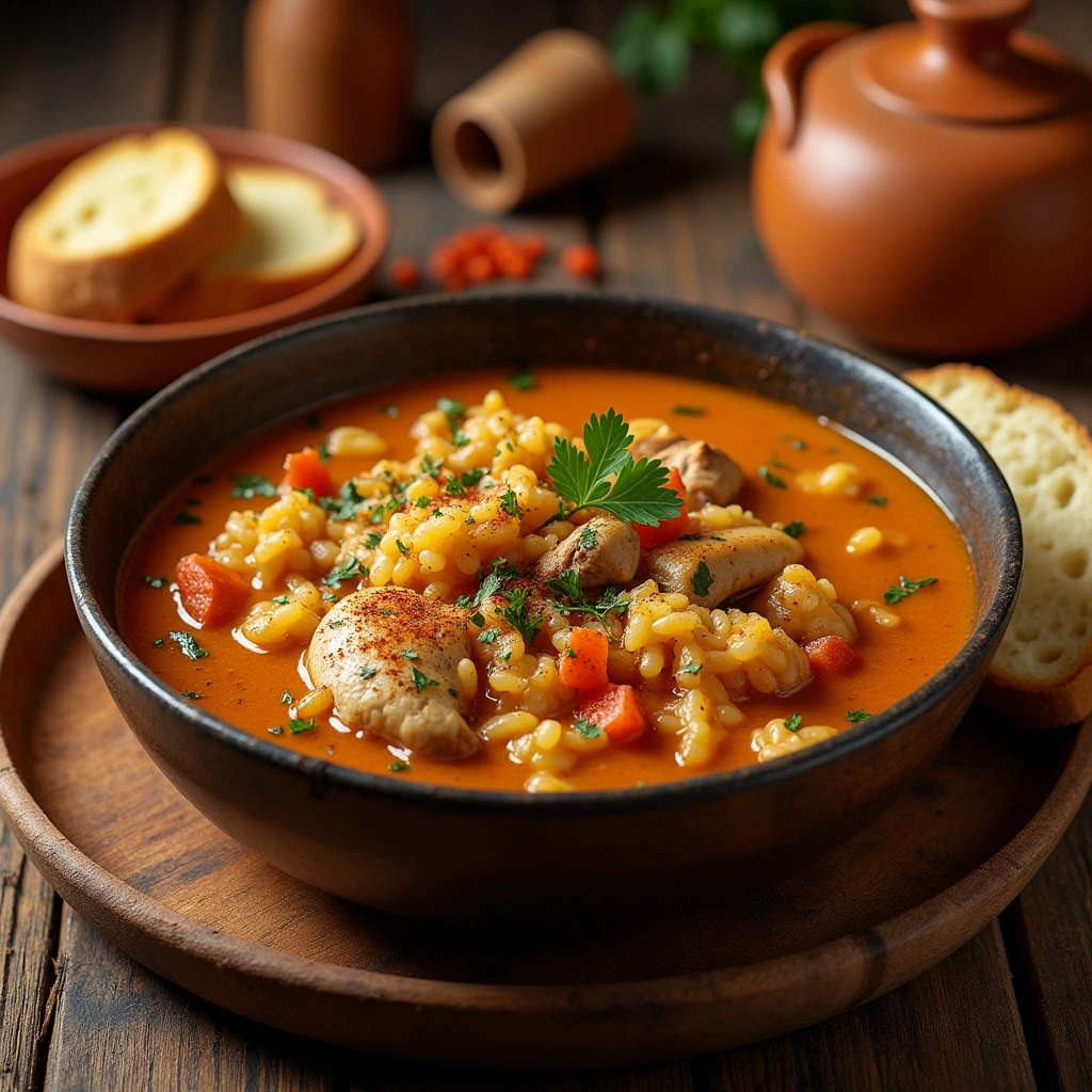 Plato de arroz caldoso con especias, pollo y verduras, servido en un tazón rústico con caldo sabroso.