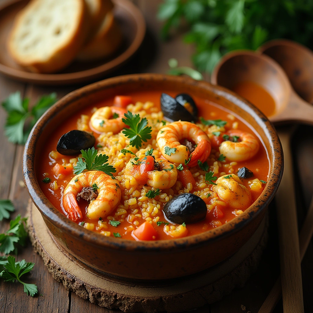 Arroz caldoso tradicional con mariscos en un bol rústico, servido con caldo y arroz tierno, decorado con hierbas frescas.