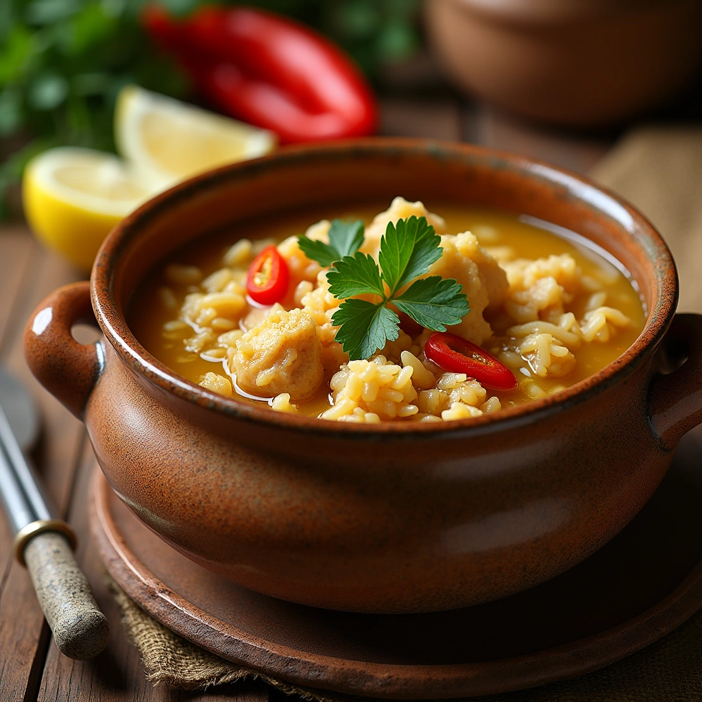 Plato de arroz caldoso con pollo, decorado con perejil fresco y rodajas de limón, servido en un cuenco rústico sobre una mesa de madera.