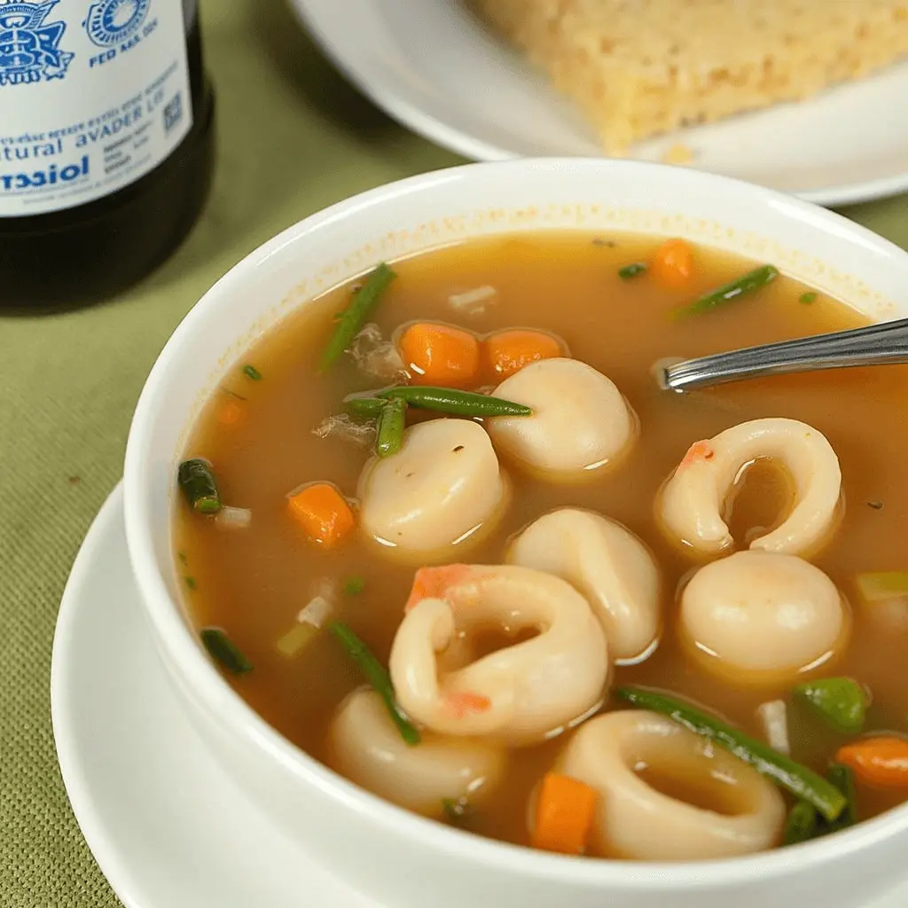 Sopa de marisco tradicional servida en un tazón blanco, repleta de gambas, mejillones, almejas y calamares, con un toque de perejil fresco.

