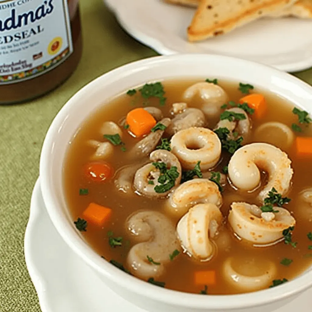 Un plato hondo de sopa de marisco al estilo de la abuela, con gambas, mejillones, almejas y calamares, decorado con perejil fresco y acompañado de pan crujiente.

