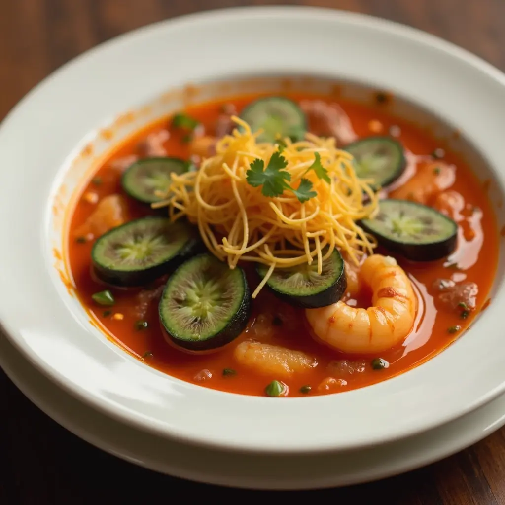 Un plato de sopa de mariscos mexicana con camarones, pescado, y calamares, decorado con cilantro fresco y acompañado de tortillas.