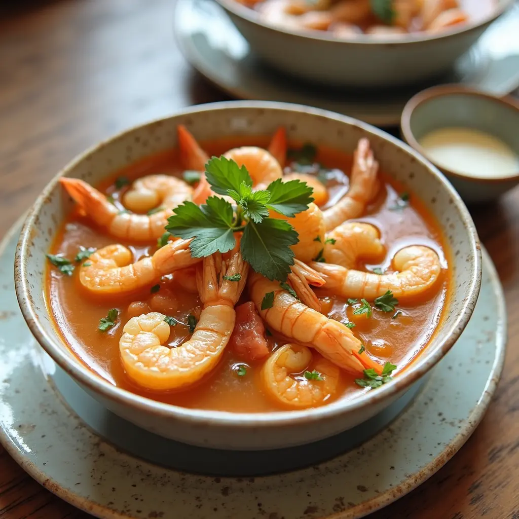 Plato de sopa de mariscos con crema, decorado con hierbas frescas y servido con pan.

