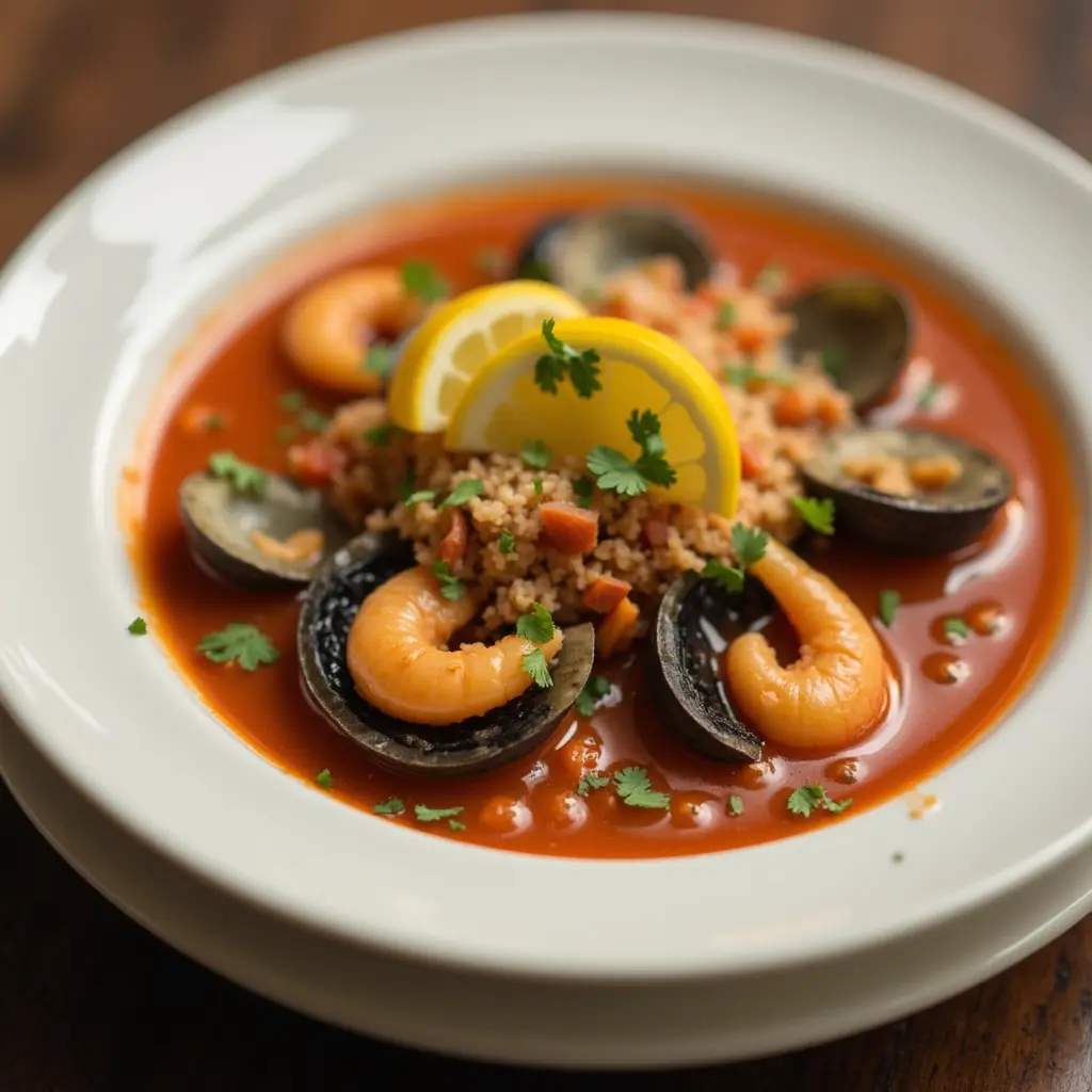 Sopa de mariscos mexicana servida en un tazón con mariscos frescos, chile y limón al lado."