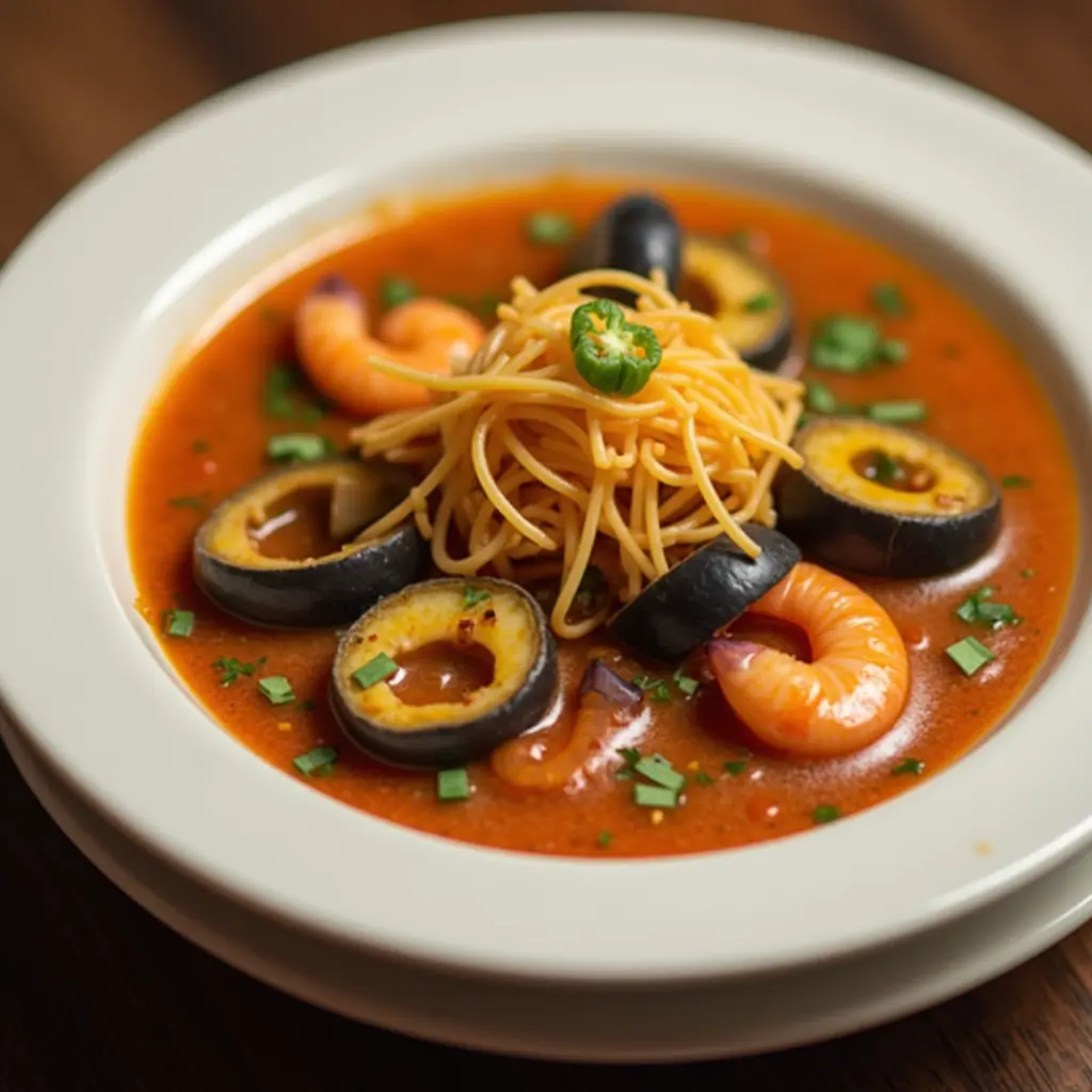 Tazón de sopa de mariscos mexicana con gambas, mejillones y calamares, acompañado de rodajas de limón.