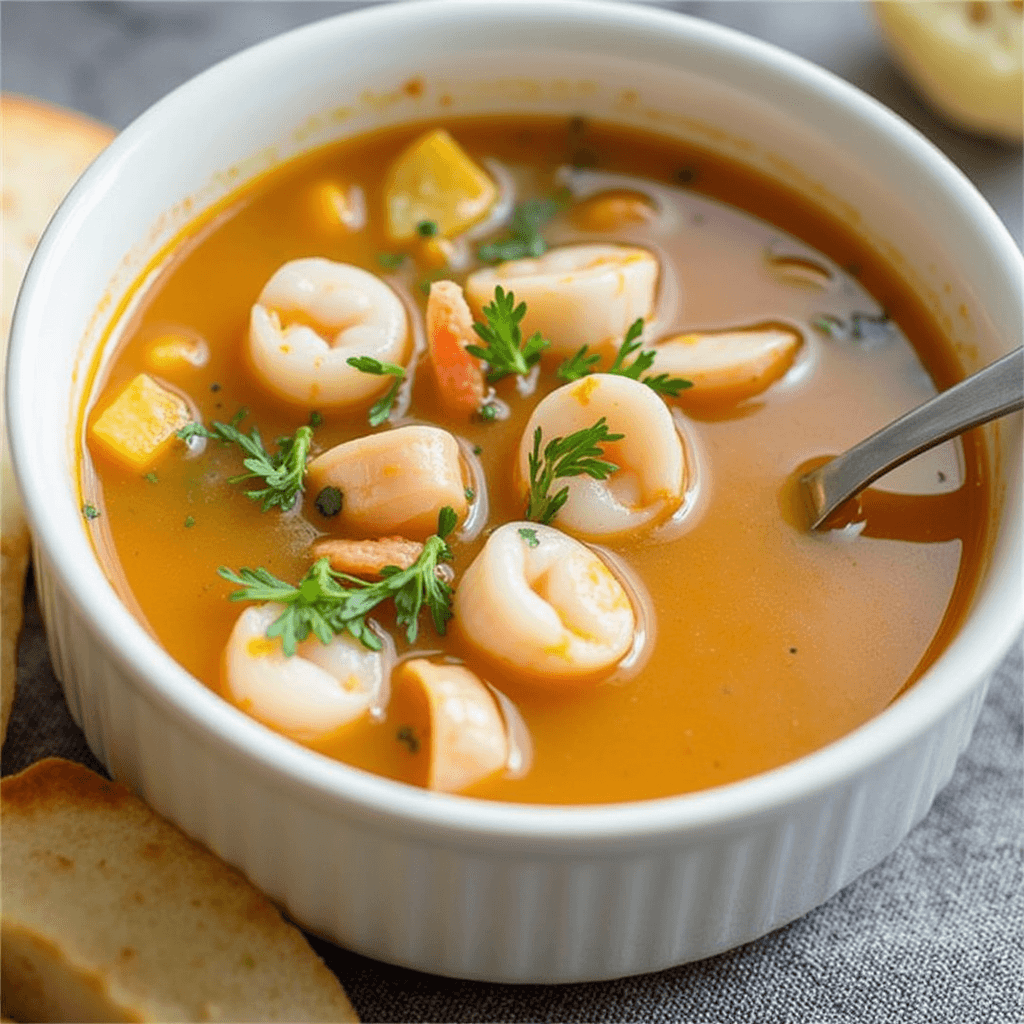 Un plato rústico de sopa de marisco al estilo de la abuela, servido en una cazuela de barro con gambas, mejillones y almejas en un caldo de tomate especiado.