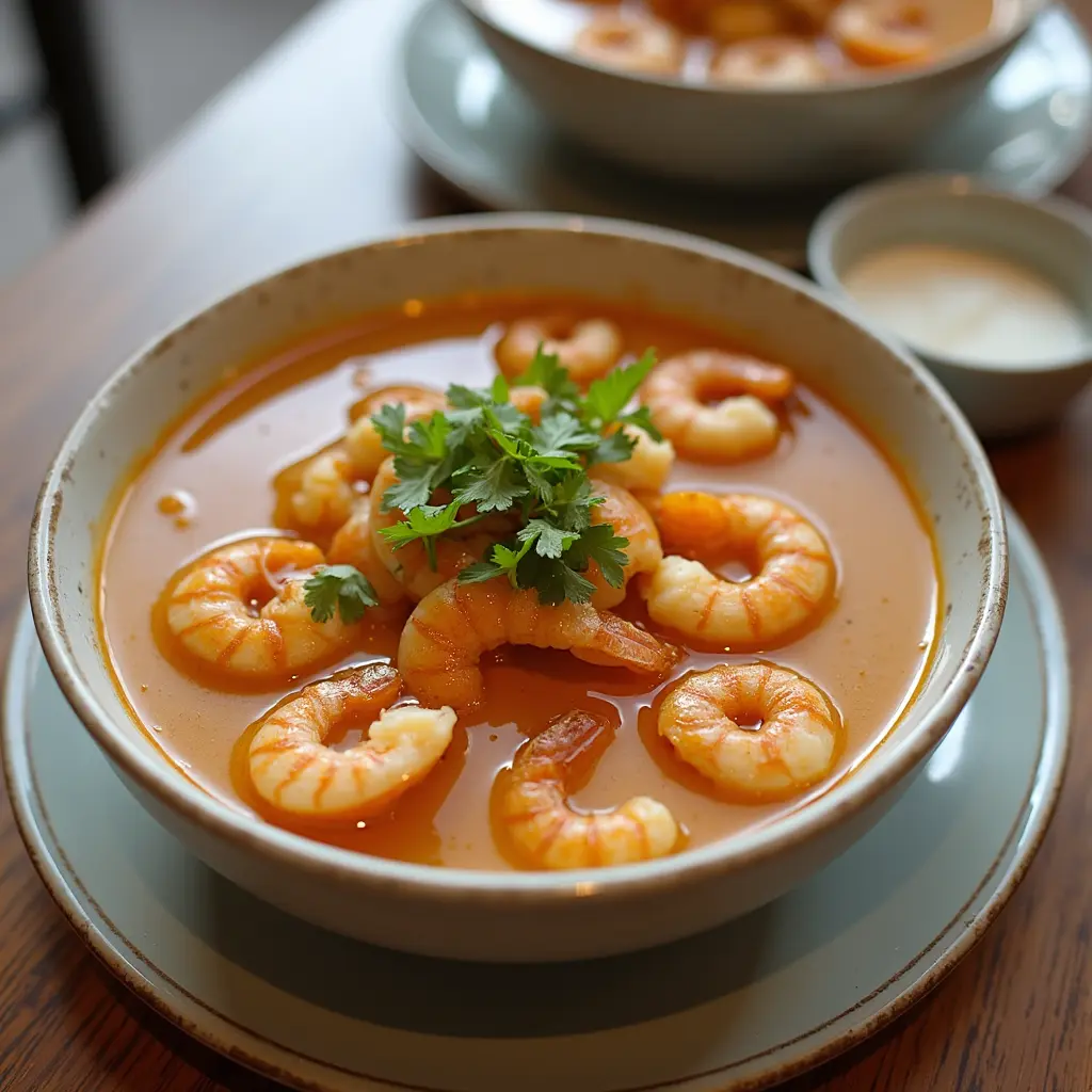 Taz\u00f3n de sopa de mariscos con crema decorado con hierbas frescas y servido con pan al lado.

