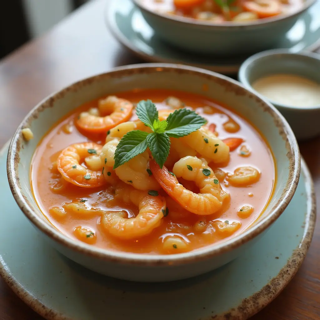 Sopa de mariscos con crema servida en un taz\u00f3n blanco decorado con perejil fresco.