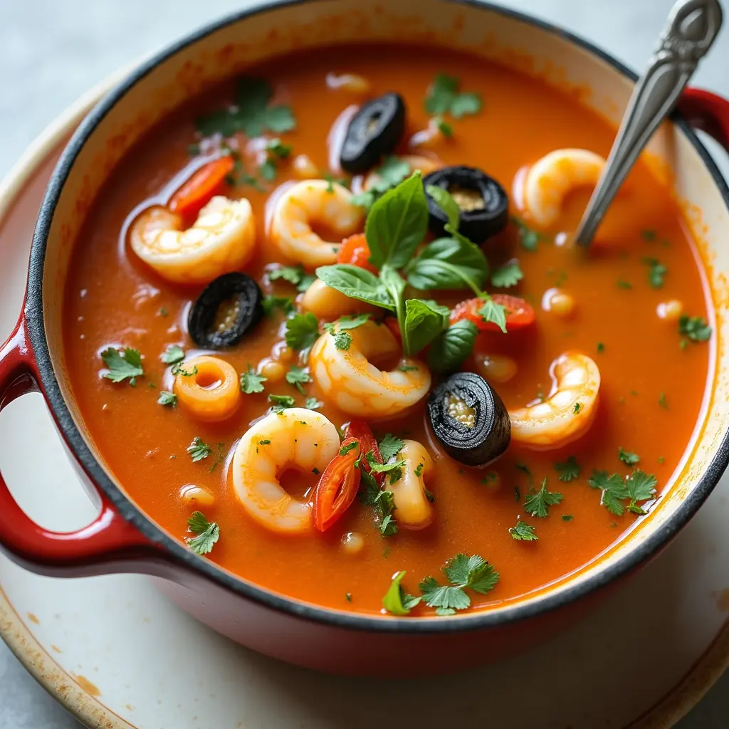 Sopa de mariscos española fácil con camarones, mejillones y calamares en un tazón.