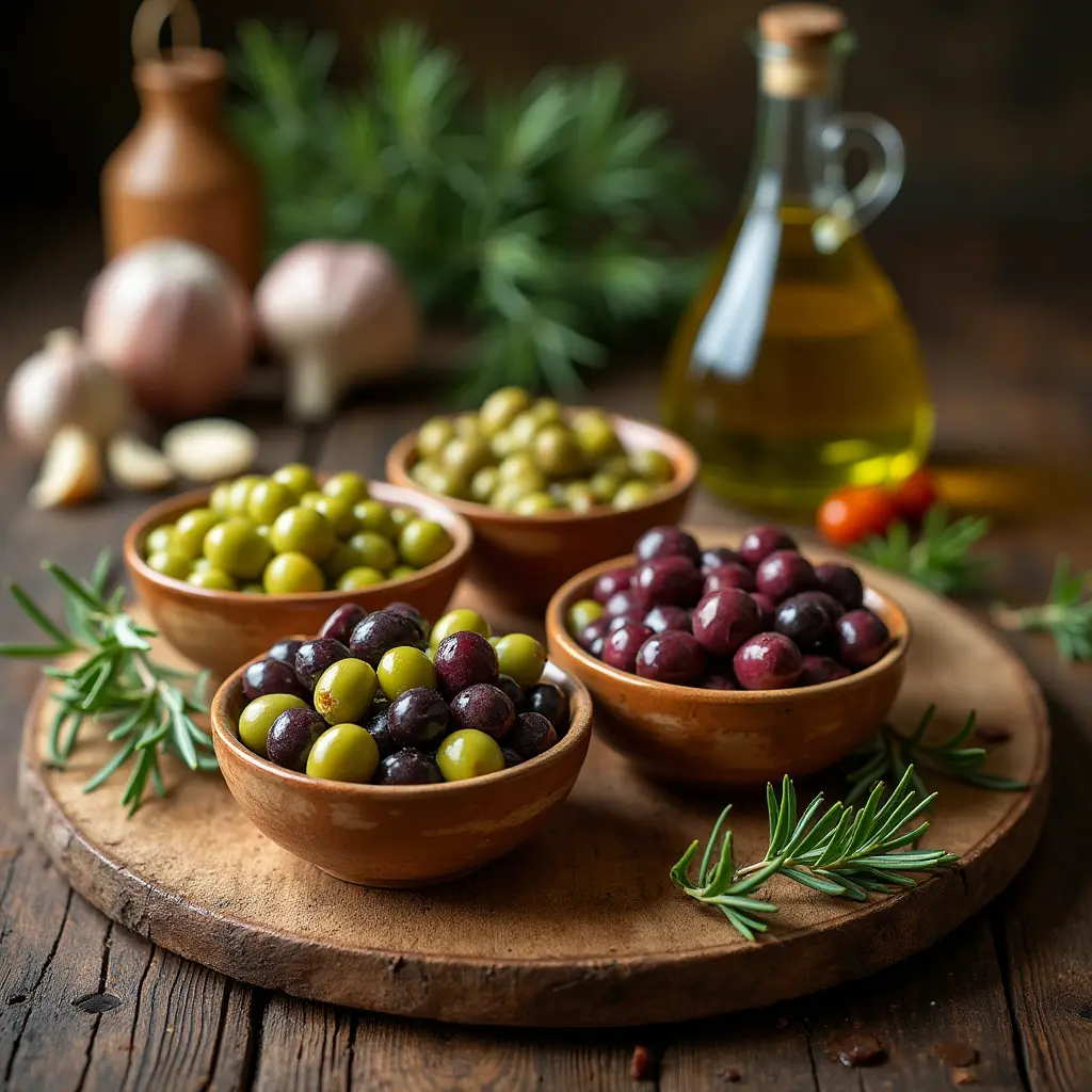 Imagen de aceitunas aliñadas de manera tradicional con ajo, romero y aceite de oliva virgen extra, en un ambiente rústico que resalta los ingredientes frescos y naturales.