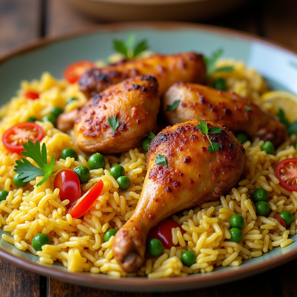 Plato de arroz con pollo al horno con verduras coloridas, acompañado de limón y perejil fresco.