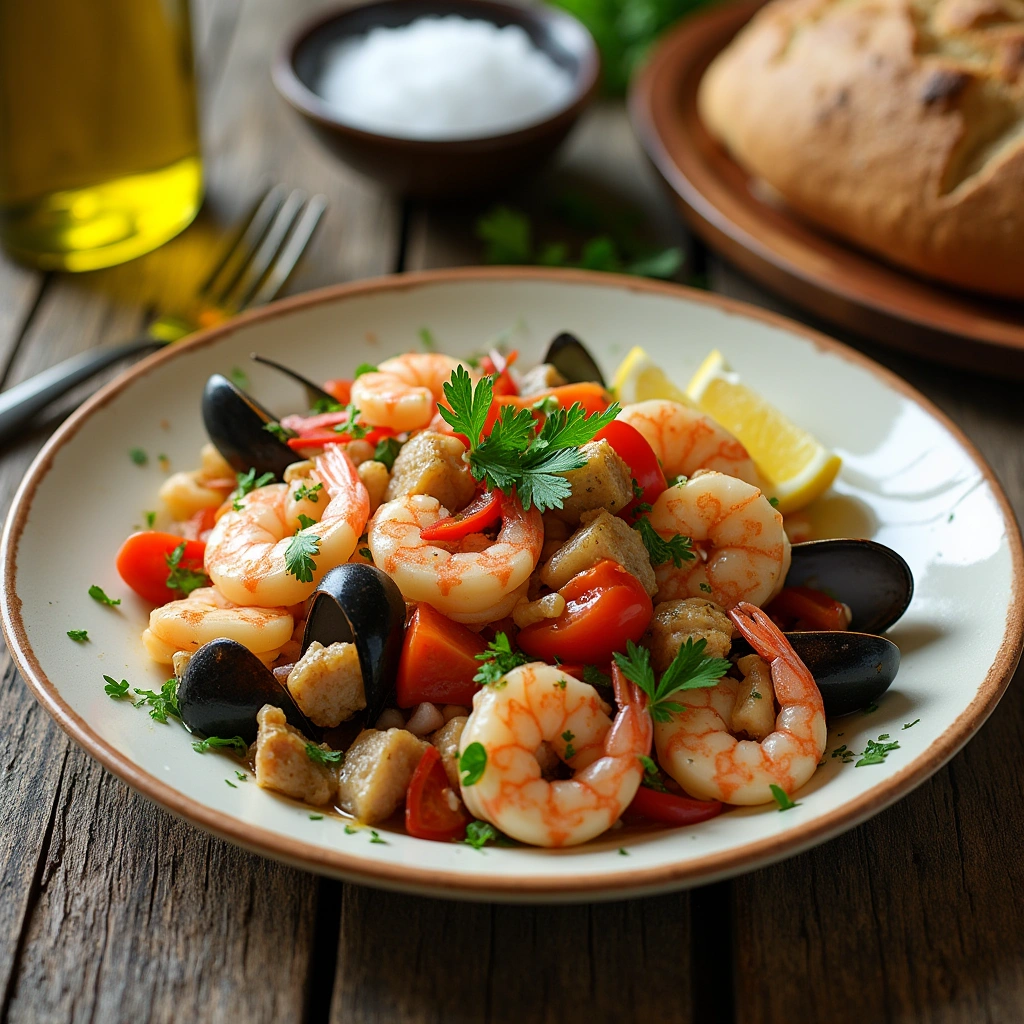 Plato de salpicón de marisco receta gallega con gambas, pulpo, mejillones y pimientos, servido con limón y perejil fresco.