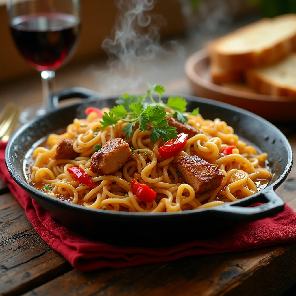 Fideuá de carne servida en una sartén tradicional con trozos de carne y decorada con perejil fresco.