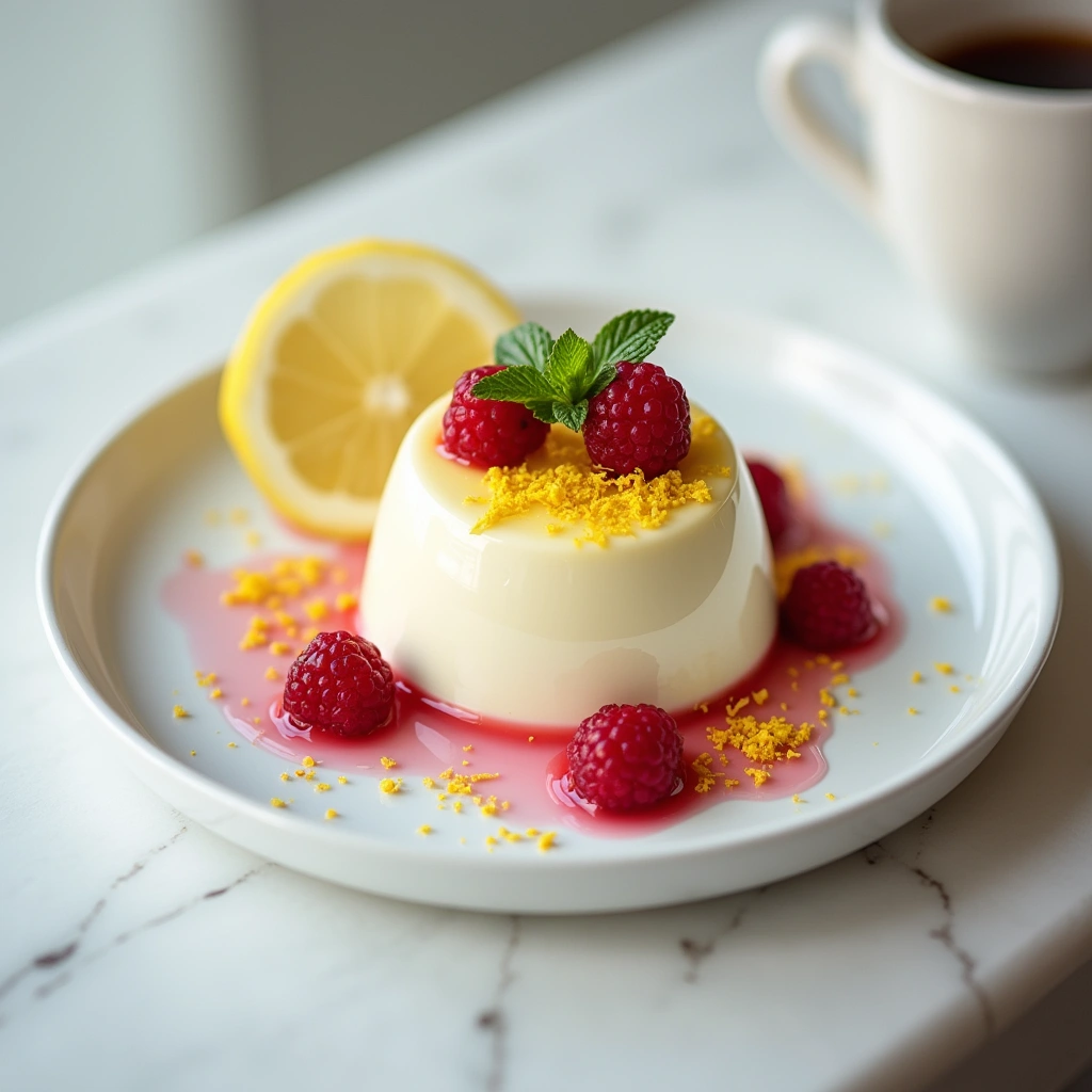 Panna cotta de limón decorada con ralladura de limón, una rodaja de limón y coulis de frambuesa, servida en un plato blanco con menta fresca.