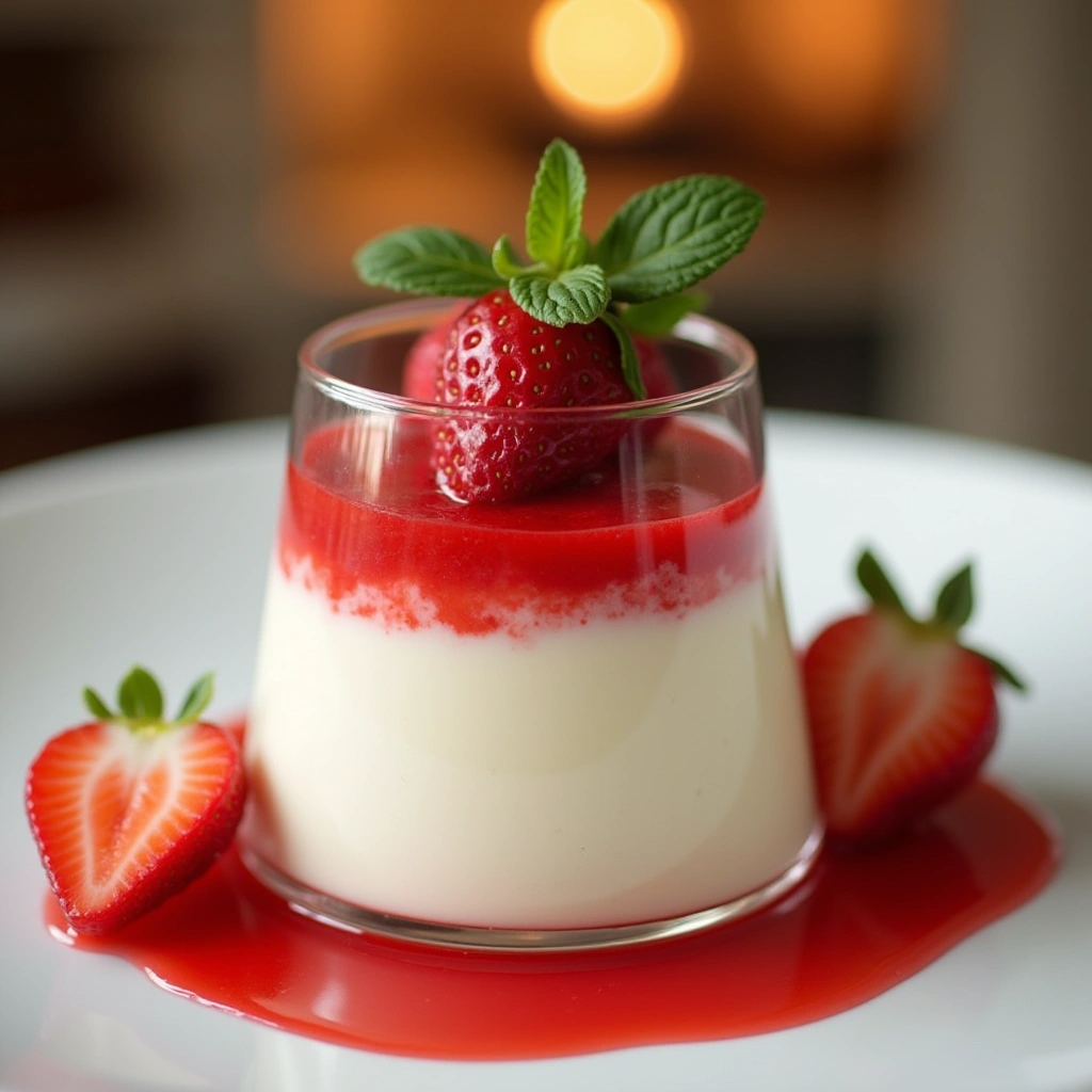 Panna Cotta de fresa servida en un vaso transparente, decorada con fresas frescas y hojas de menta.