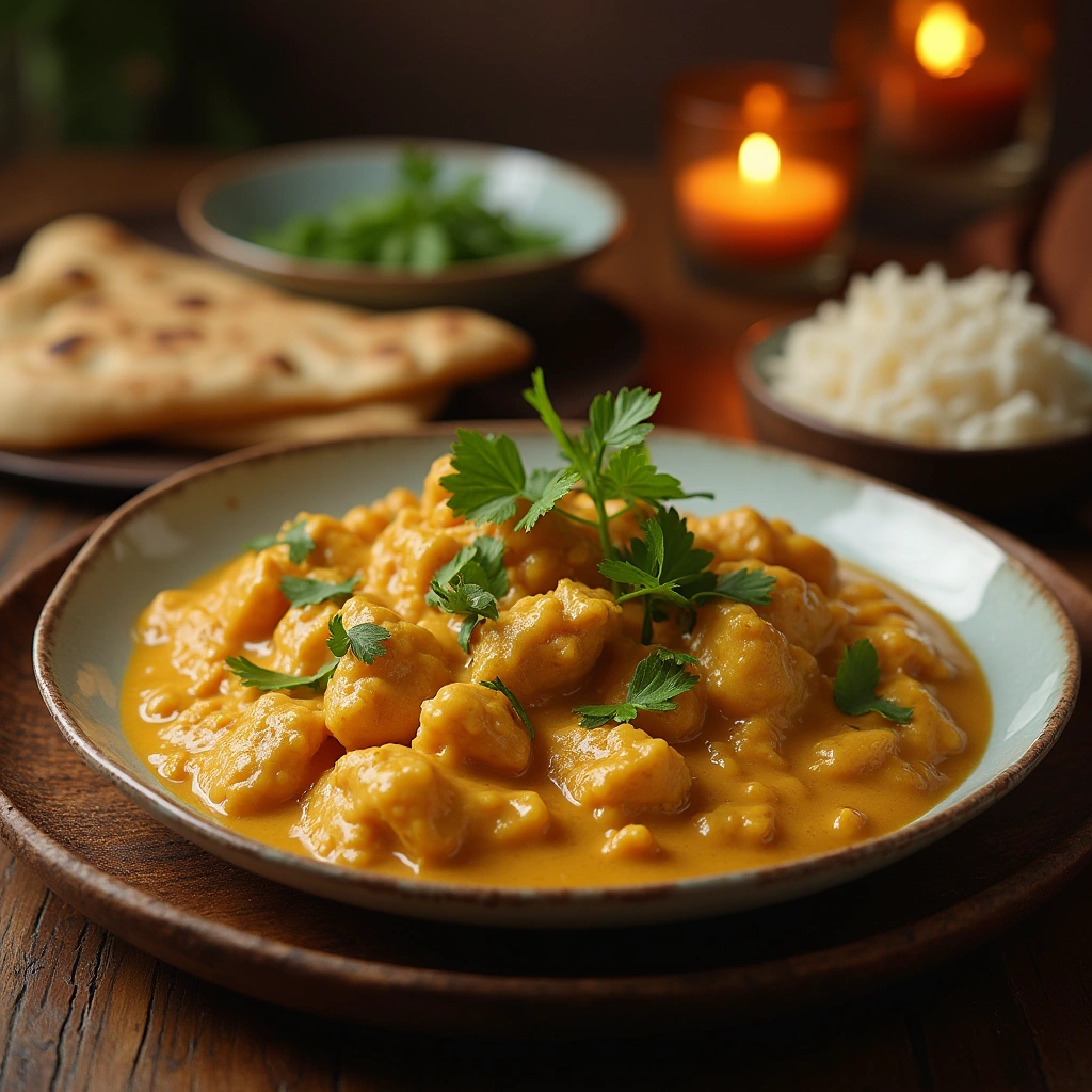 Plato de pollo al curry con leche de coco, acompañado de arroz basmati y pan naan.
