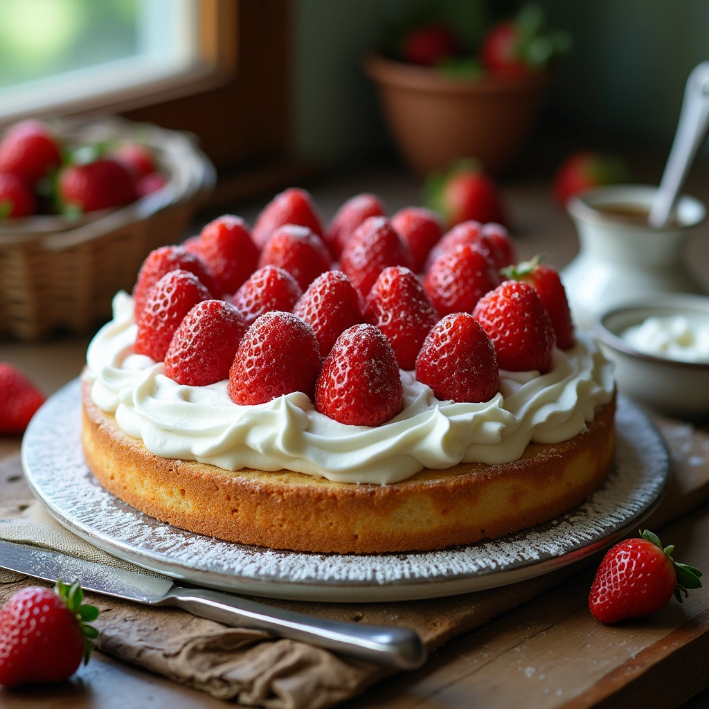 Tarta de nata y fresas con base de bizcocho, decorada con fresas frescas y nata montada.