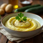 Puré cremoso de calabacín y patata servido en un bol con un toque de perejil fresco y un chorrito de aceite de oliva.