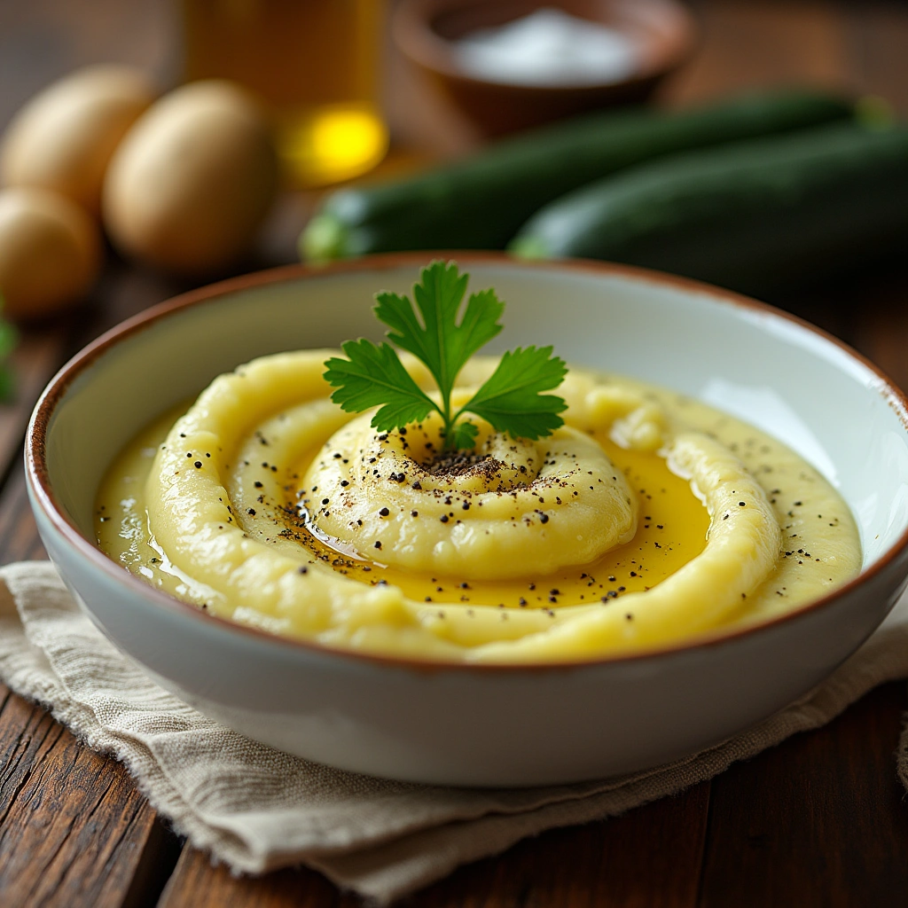 Puré cremoso de calabacín y patata servido en un bol con un toque de perejil fresco y un chorrito de aceite de oliva.