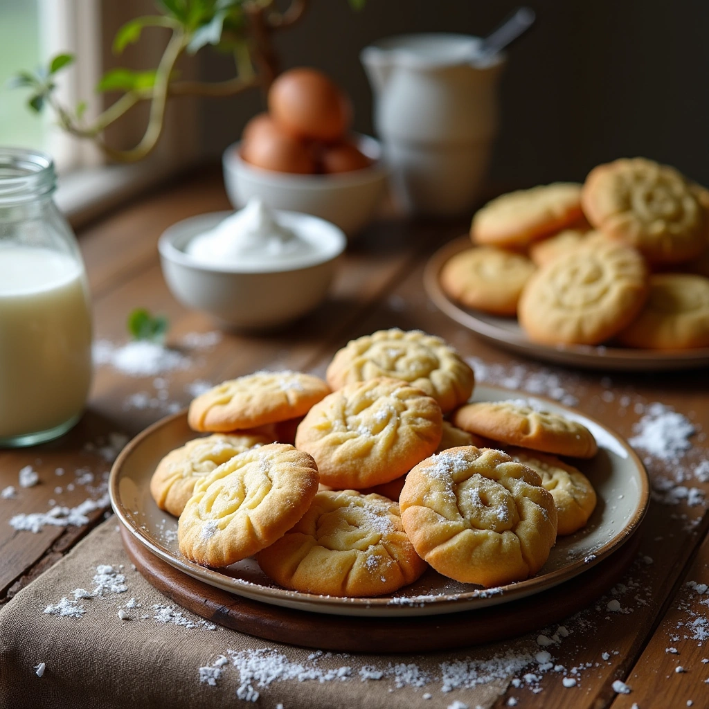 Galletas de nata caseras sobre una mesa de madera con ingredientes frescos alrededor.
