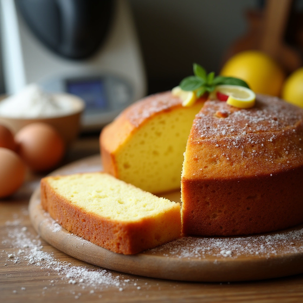 Bizcocho esponjoso hecho con Thermomix, decorado con frutas frescas y glaseado, listo para servir.