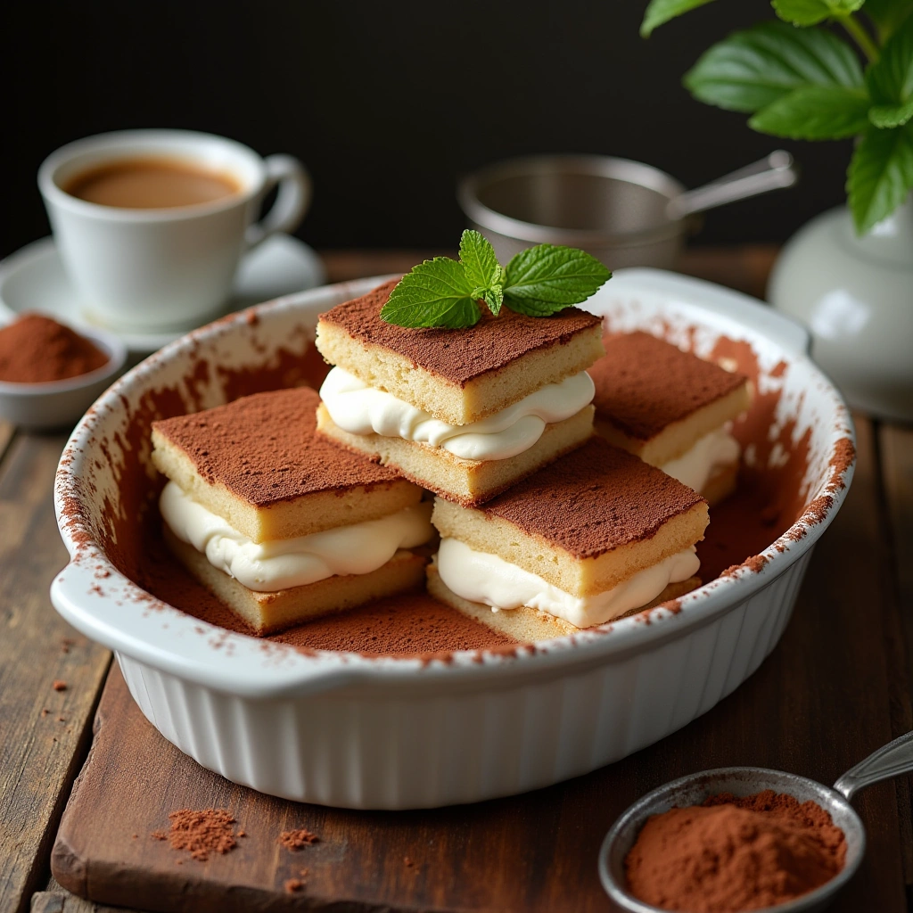 Tiramisú de la Abuela casero con capas de mascarpone, bizcochos de soletilla y cacao en polvo, presentado en un plato rústico.