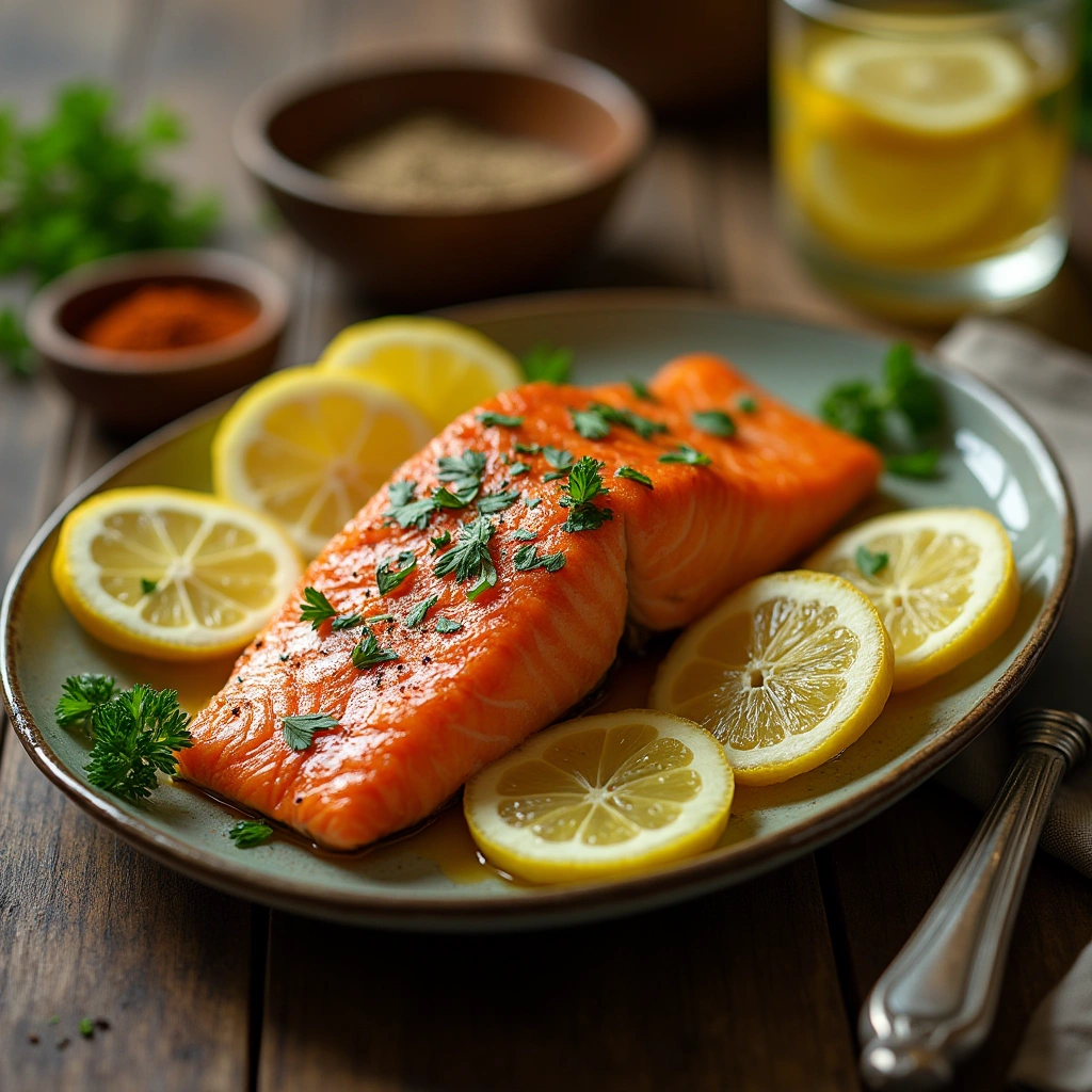 Salmón al horno con rodajas de limón, adornado con perejil fresco sobre un plato rústico.