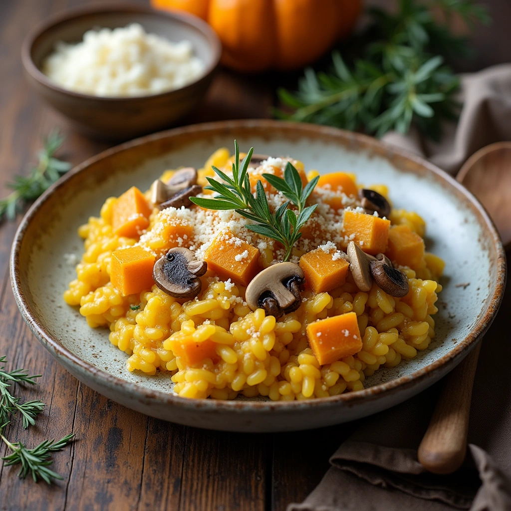 Plato de risotto de calabaza y hongos, con trozos de calabaza asada, hongos y queso parmesano rallado, decorado con hierbas frescas.