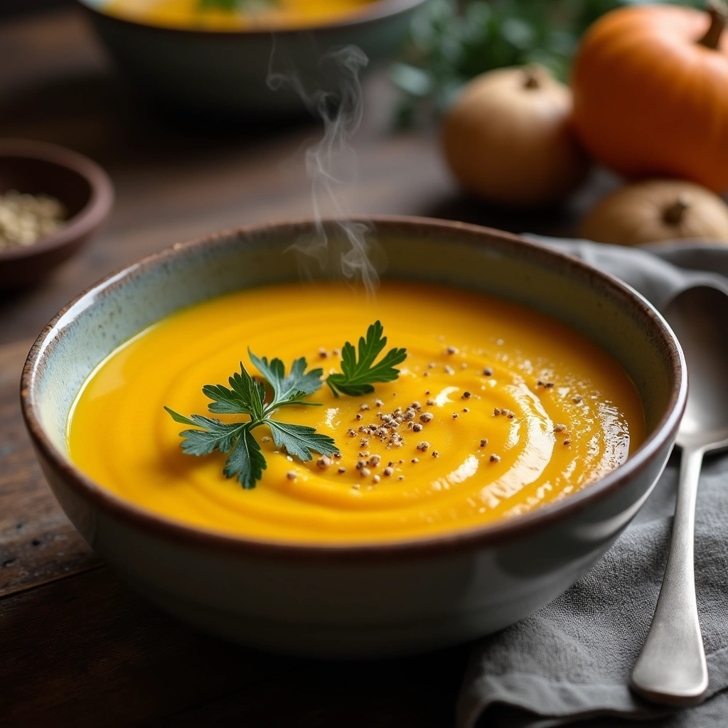 Crema de calabaza y patata Thermomix servida en un tazón con aceite de oliva y hierbas frescas.