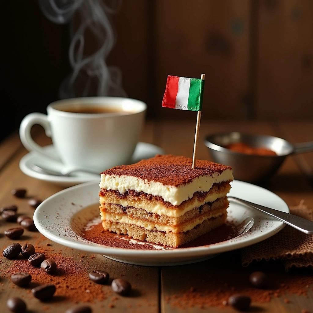 Tiramisú clásico servido en un plato, con capas de mascarpone, galletas empapadas en café y espolvoreado con cacao en polvo.