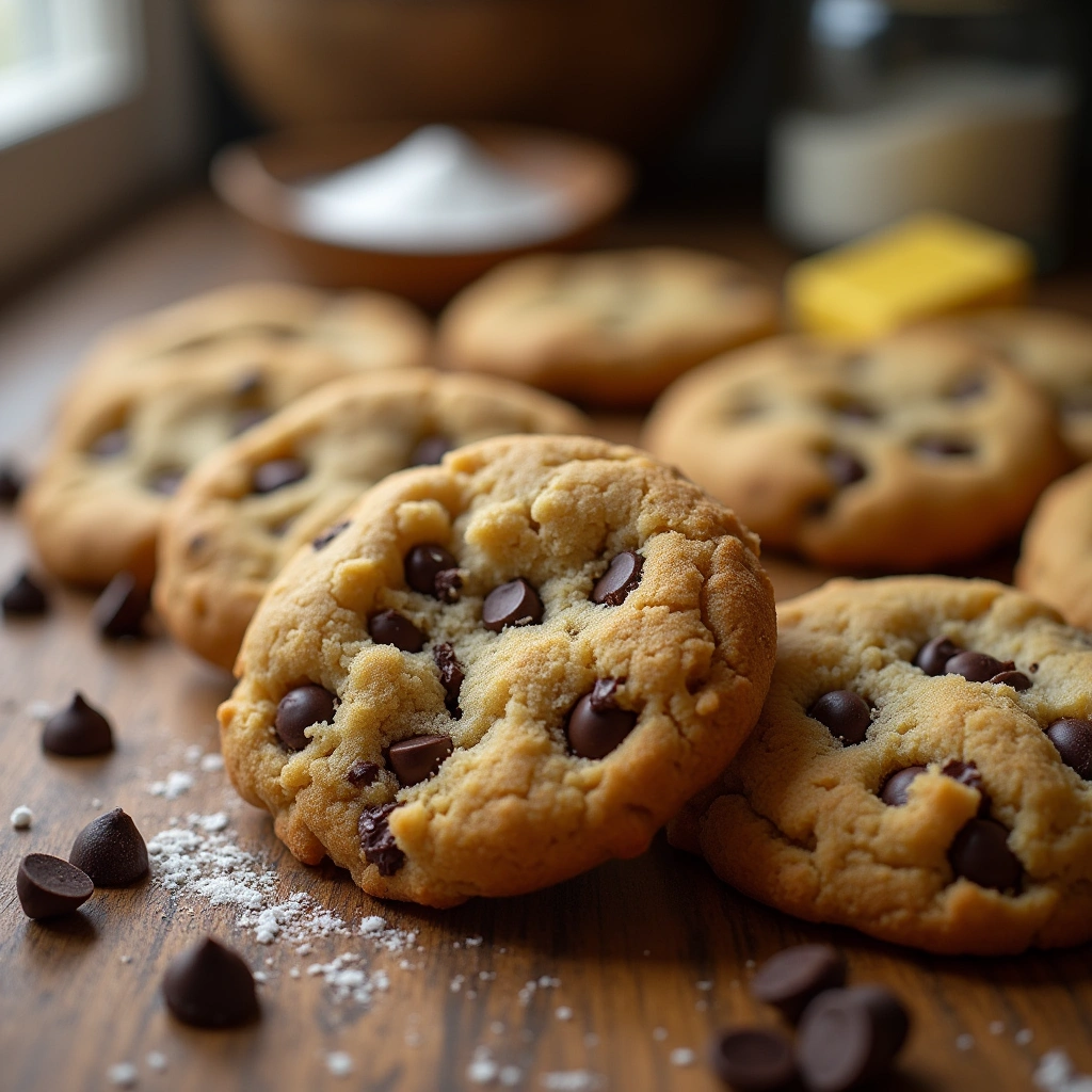 Galletas Crumbl caseras con chispas de chocolate recién horneadas sobre una mesa de madera.
