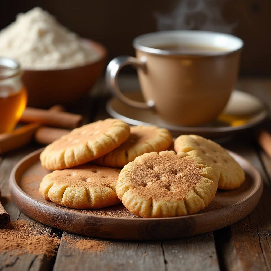 Un plato de galletas de canela sin azúcar, acompañadas de ingredientes como harina integral, canela en rama y un tarro de miel sobre una mesa rústica.