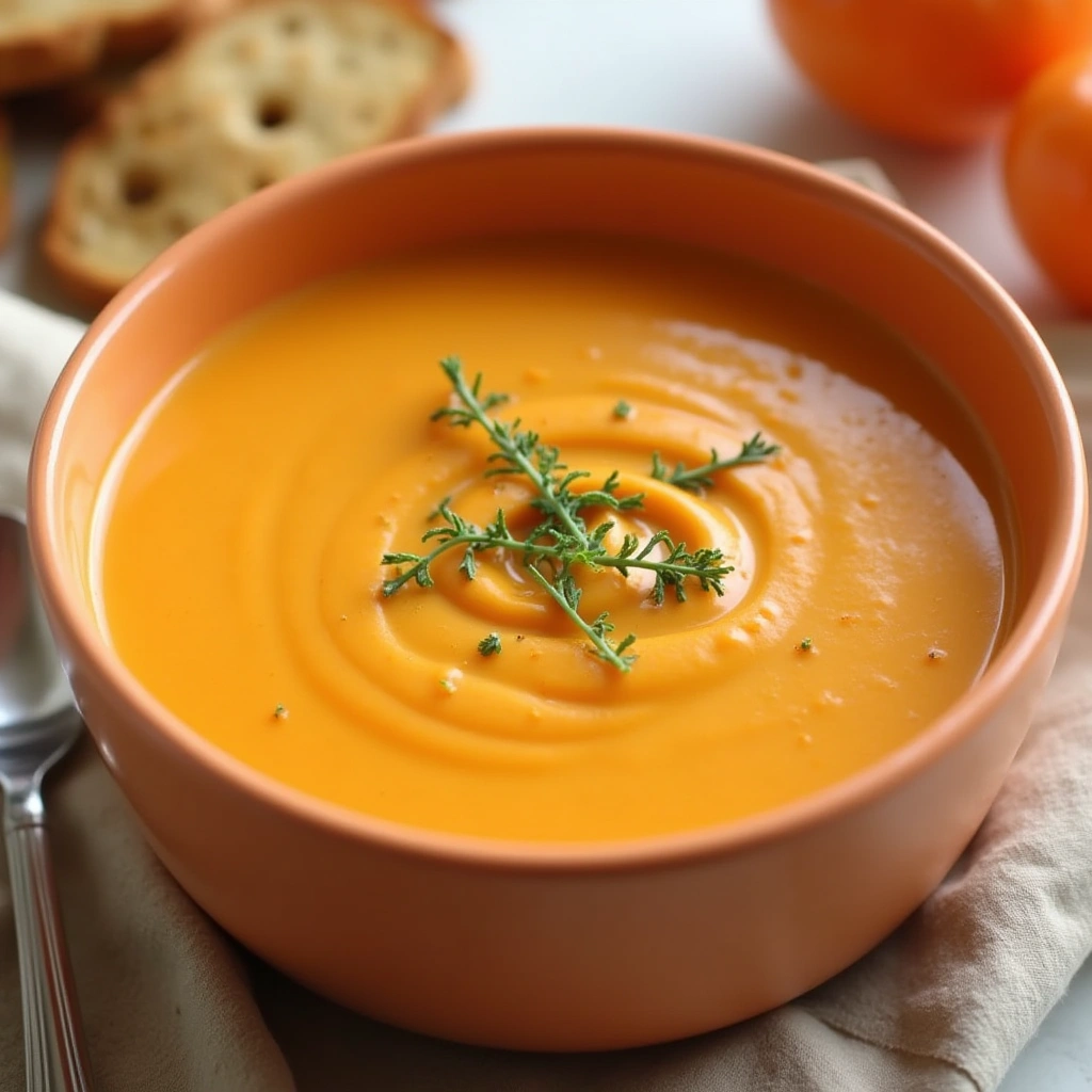 Bowl de crema de zanahoria para niños, servido con pan tostado, decorado con hierbas frescas