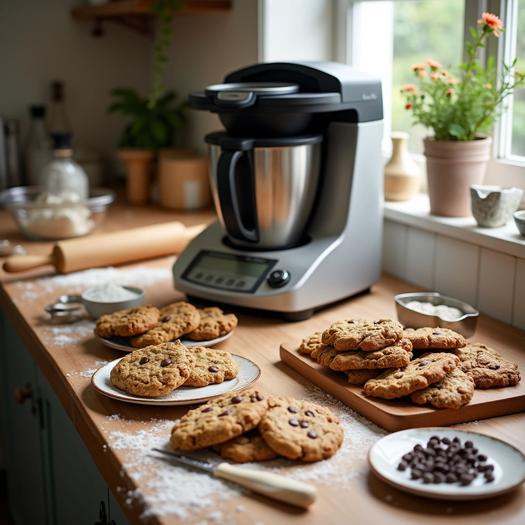 Galletas caseras recién horneadas sobre una encimera de cocina, con una Thermomix al fondo y utensilios para hornear.