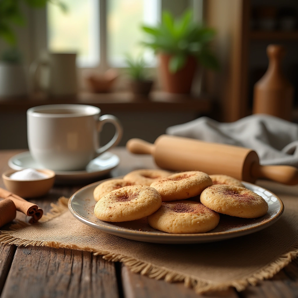 Un plato de galletas de canela caseras recién horneadas, adornadas con canela en polvo y acompañadas de una taza de té en una mesa rústica.
