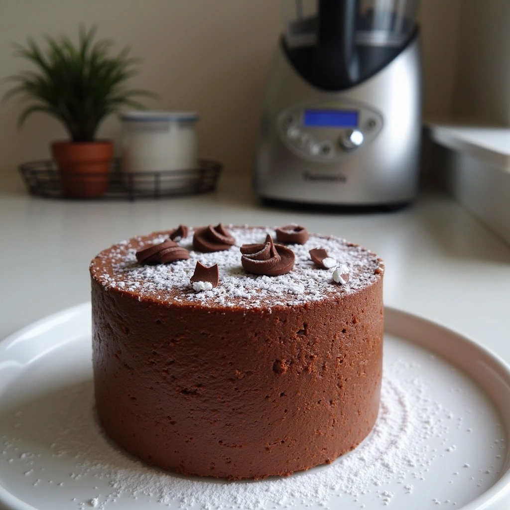 Bizcocho de chocolate esponjoso hecho en Thermomix con decoración de azúcar glas y chocolate rallado.