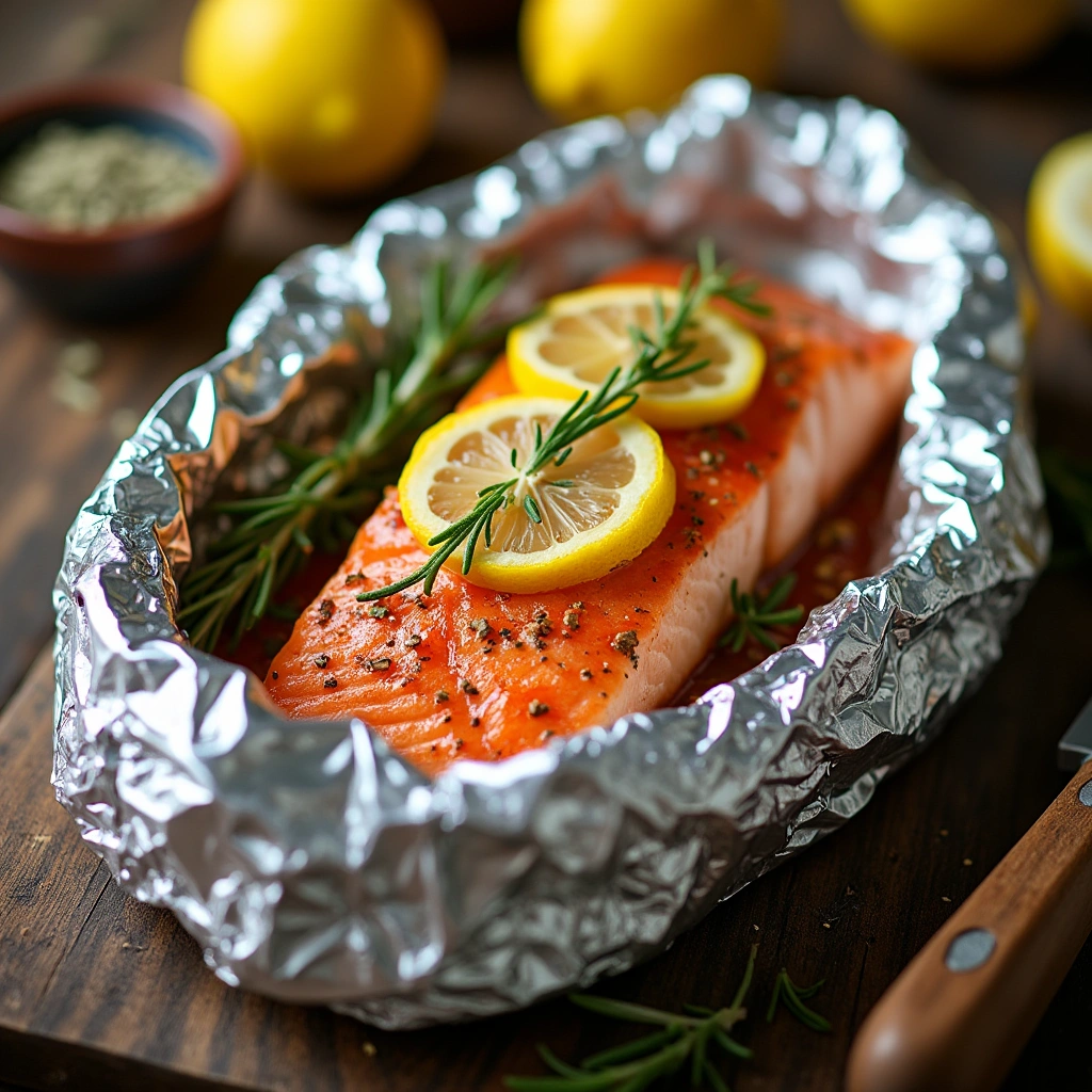 Salmón al horno en papel aluminio con limón y romero, servido en una mesa rústica.