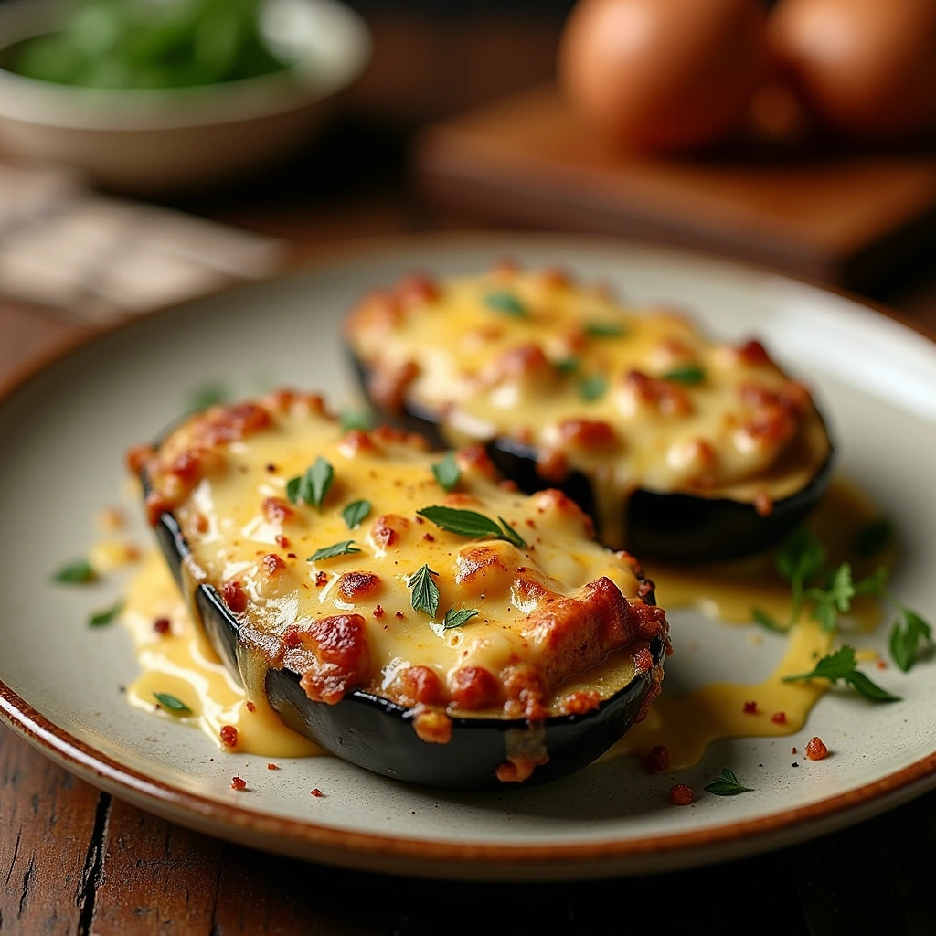 Berenjenas rellenas con bechamel recién horneadas, cubiertas con queso derretido y dorado.