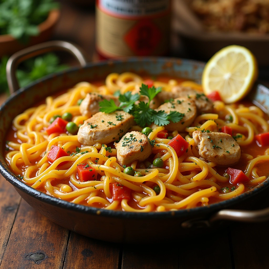 Plato de fideuá de pollo tradicional con fideos dorados, trozos de pollo tierno, verduras coloridas y un toque de perejil fresco.