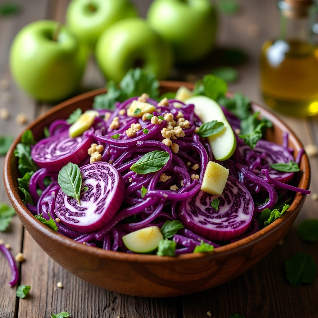 Ensalada fresca de lombarda con manzana, aceite de oliva y nueces en un tazón de madera