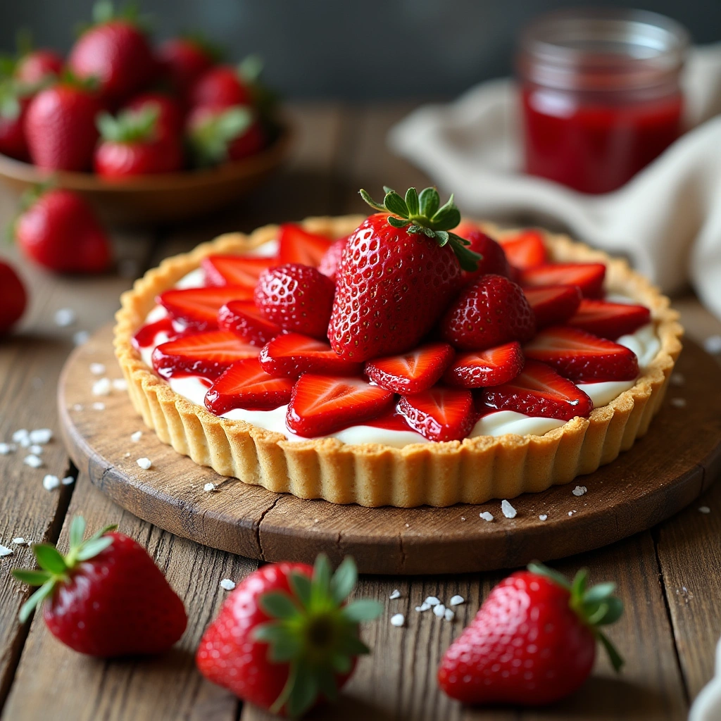 Tarta de fresa sin horno con base de galleta, relleno cremoso y decorada con fresas frescas.