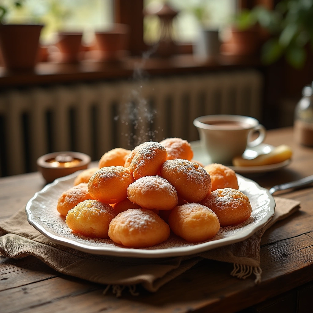 Plato de Buñuelos de Viento dorados espolvoreados con azúcar glass sobre una mesa rústica.