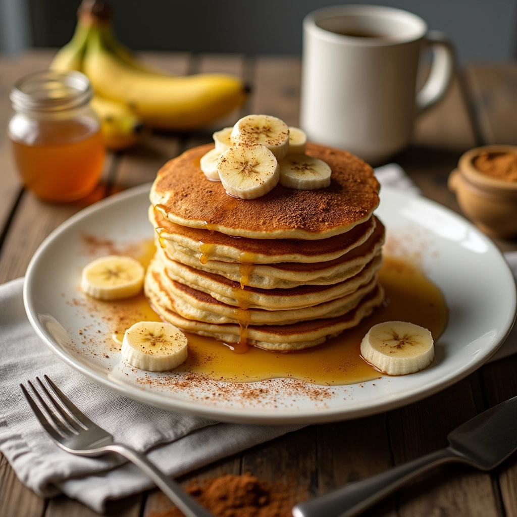 ortitas de plátano caseras con rodajas de banana, miel y canela en un plato blanco.